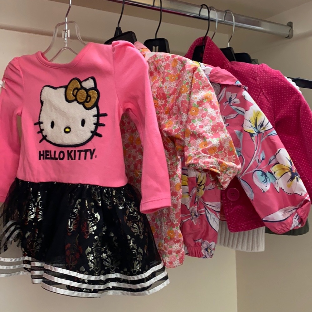 Lot girl’s clothing hello kitty dress gap sweater raincoat 18-24M 2T pink jacket